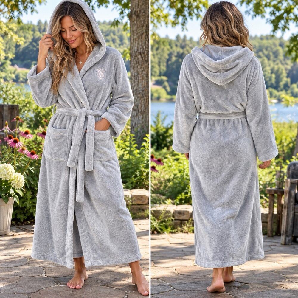 Y2K Victorias Secret Sz M Gray Plush Hooded Long Spa Robe VS Logo Cozy Belted